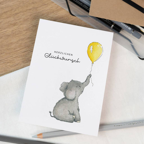 Geburtstagskarte - Herzlichen Glückwunsch | Aquarell Elefant