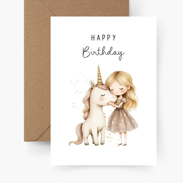 Happy Birthday | Einhorn Mädchen | Postkarte mit Umschlag