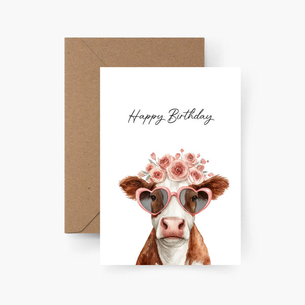 Happy Birthday | Kuh | Postkarte mit Umschlag