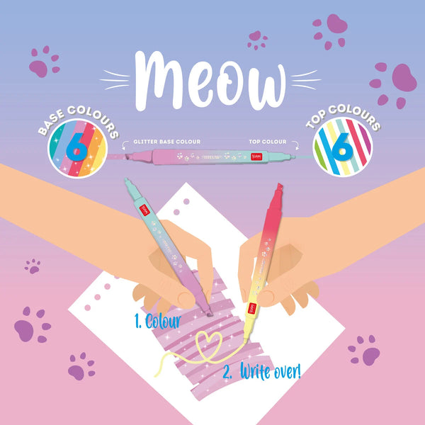 Legami | Set mit 6 Doppelseitigen Filzstiften mit überschreibbaren Farben | Meow