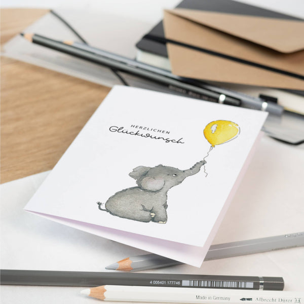 Geburtstagskarte - Herzlichen Glückwunsch | Aquarell Elefant