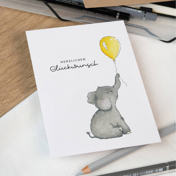 Geburtstagskarte - Herzlichen Glückwunsch | Aquarell Elefant