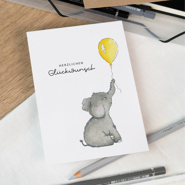 Geburtstagskarte - Herzlichen Glückwunsch | Aquarell Elefant